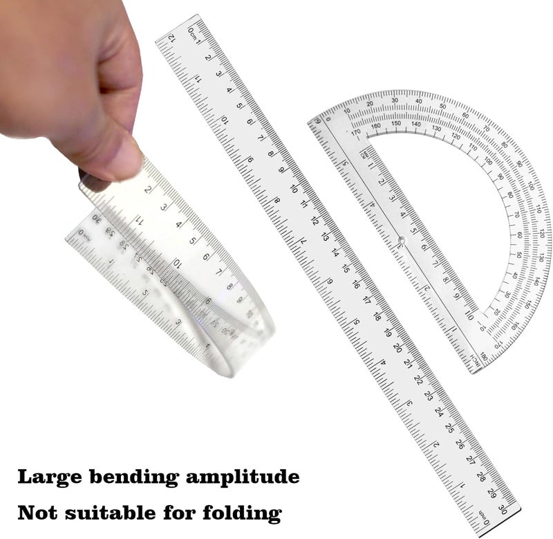 Tdfronien 2 Packs 12 Inch Plastic Ruler and 6 Inch Plastic Protractor Set Clear Math Geometry Set Classroom Set Angle Detector School Supplies Classroom Ruler Home Office Drawings (Transparent) - Image 4
